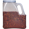 A plastic jar filled with red pepper flakes.