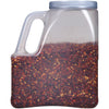 A plastic jar filled with crushed red pepper flakes.