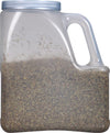 A clear plastic jar filled with dried thyme.