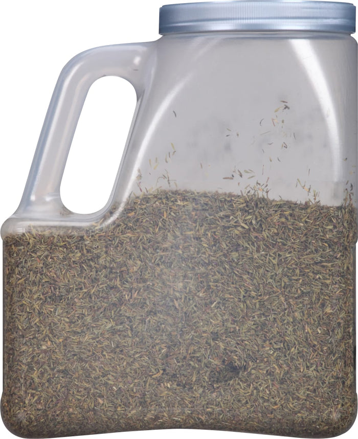 A clear plastic container filled with dried thyme.