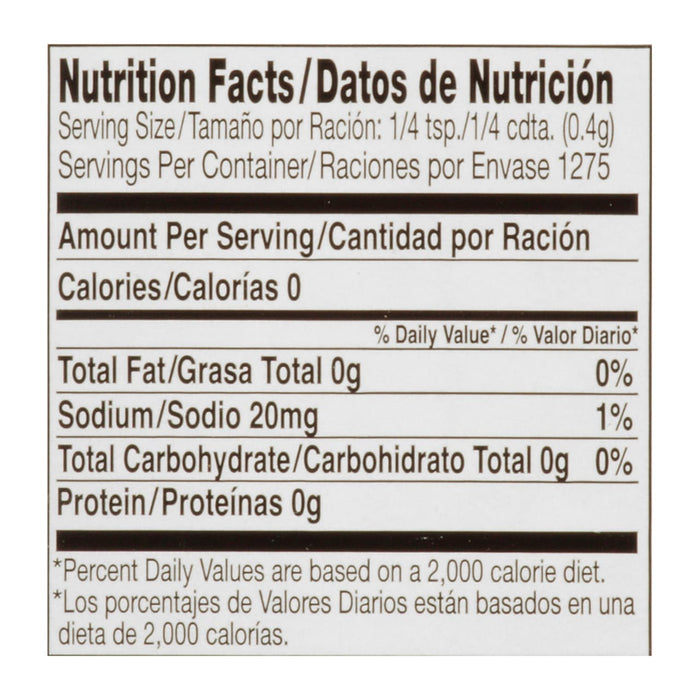 Nutrition facts label for a product with 0 calories 0g fat 20mg sodium 0g carbohydrates and 0g protein.