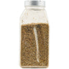 A clear plastic jar filled with dried herbs.