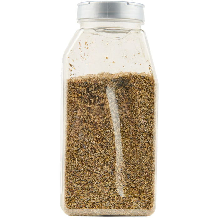 A clear plastic jar filled with dried herbs.