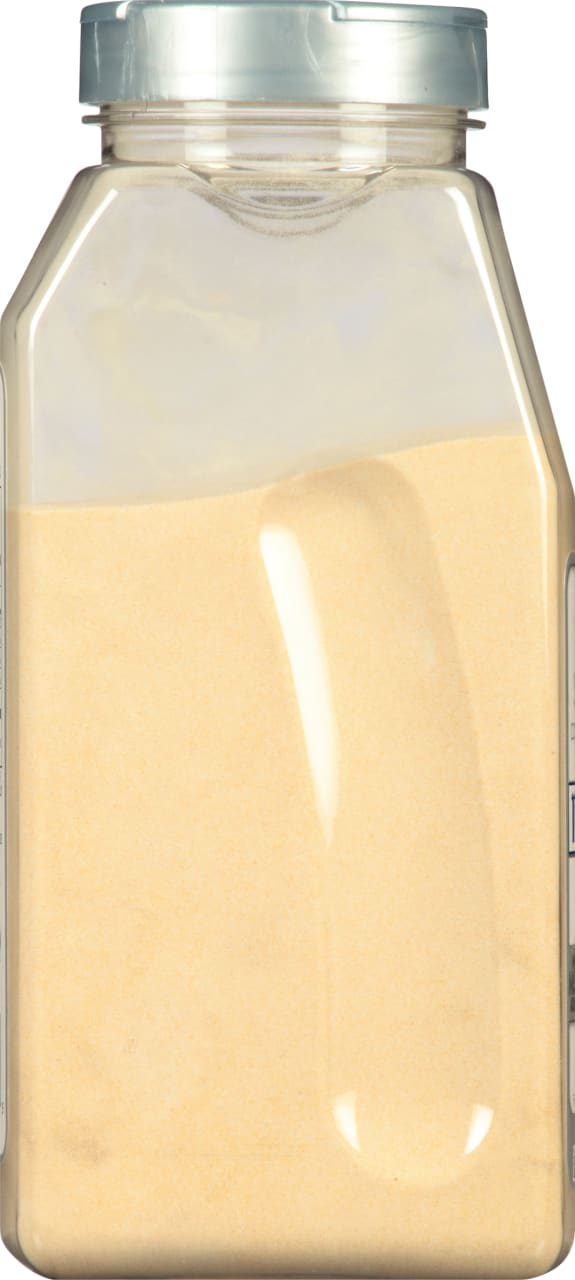 A clear plastic jar filled with a yellow powder.