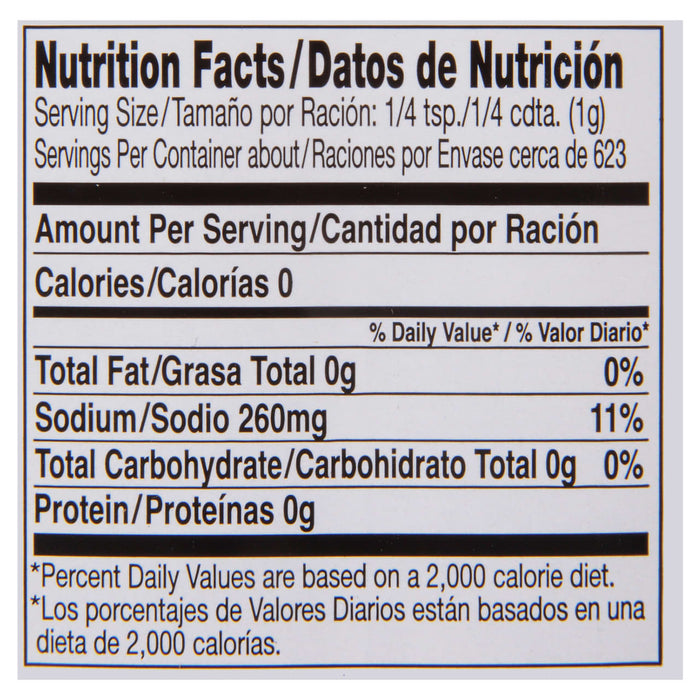 Nutrition facts label for a product with 0 calories 0g fat 260mg sodium 0g carbohydrates and 0g protein.