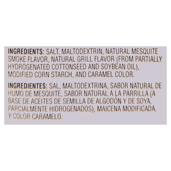 Ingredients list for a seasoning product including salt maltodextrin natural mesquite smoke flavor natural grill flavor and caramel color.
