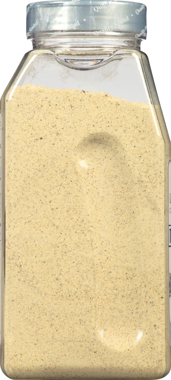 A clear plastic jar filled with a light yellow powder.