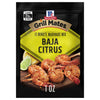 A packet of McCormick Grill Mates Baja Citrus marinade mix is displayed, showcasing seasoned shrimp and citrus fruits.