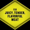 A yellow diamond-shaped badge promises juicy, tender, and flavorful meat.