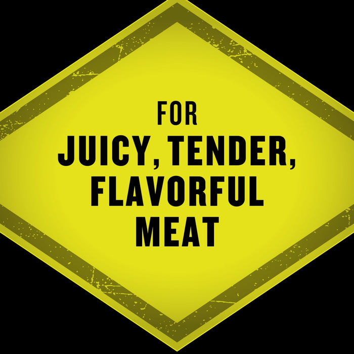 A yellow diamond-shaped badge promises juicy, tender, and flavorful meat.