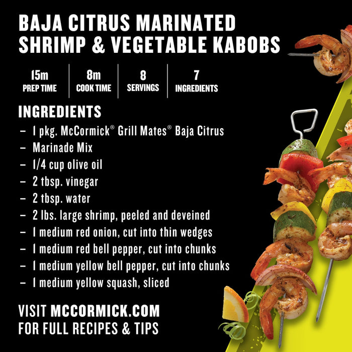 This image features a recipe for Baja Citrus Marinated Shrimp &amp; Vegetable Kabobs, highlighting McCormick Baja Citrus Marinade Mix.