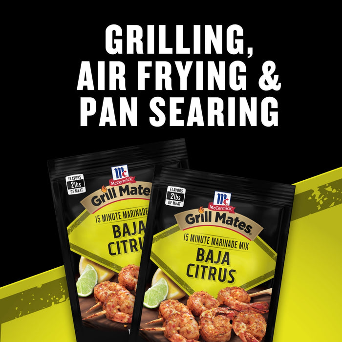 McCormick Grill Mates Baja Citrus seasoning is shown as a versatile option for grilling, air frying, and pan searing.