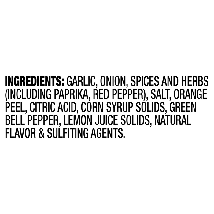 A list of ingredients for a product, including garlic, onion, spices, herbs, paprika, red pepper, salt, orange peel, citric acid, corn syrup solids, green bell pepper, lemon juice solids, natural flavor and sulfites.