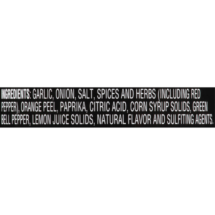 A list of ingredients for a product including garlic onion salt spices herbs and more.