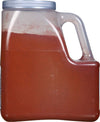 A clear plastic jar filled with red chili powder.