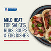 McCormick Culinary Mild Heat Red Pepper is advertised for sauces, rubs, soups and egg dishes, alongside a photo of tacos with steak and salsa.