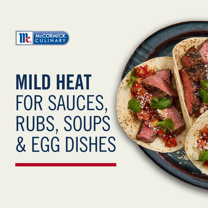 McCormick Culinary Mild Heat Red Pepper is advertised for sauces, rubs, soups and egg dishes, alongside a photo of tacos with steak and salsa.