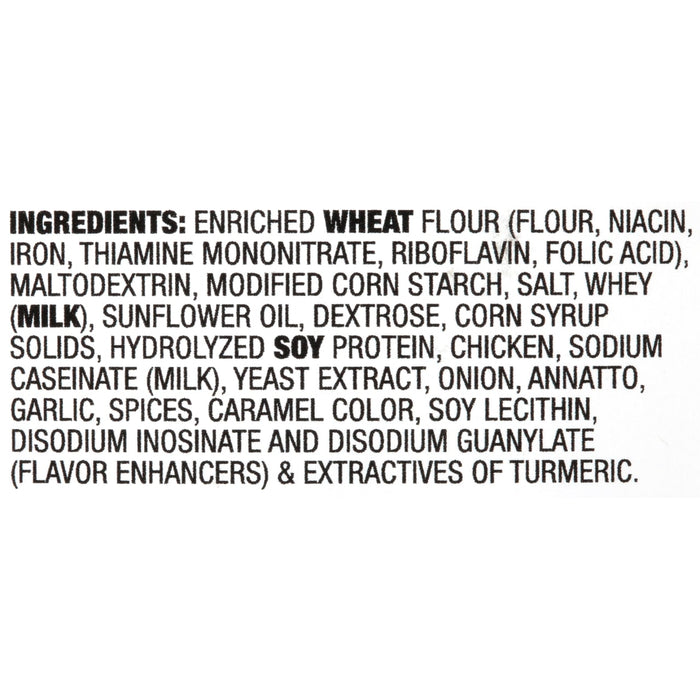 A list of ingredients for a product including enriched wheat flour whey soy protein and flavor enhancers.