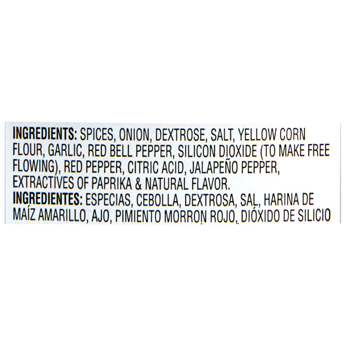A list of ingredients for a seasoning blend including spices onion dextrose salt yellow corn flour garlic red bell pepper silicon dioxide red pepper citric acid jalapeno pepper paprika and natural flavor.