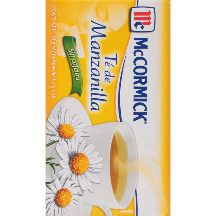 McCormick chamomile tea box with a cup of tea and chamomile flowers.