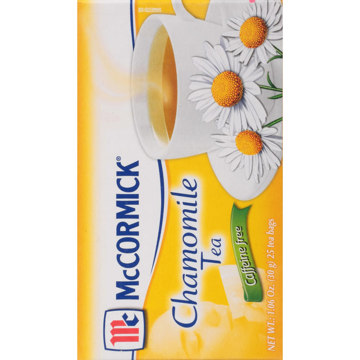 A box of McCormick Chamomile Tea caffeine free with a picture of a cup of tea and daisies.
