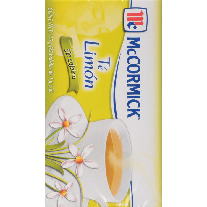 McCormick Tea Lemon a box of 25 tea bags with a cup of tea and flowers on the front.