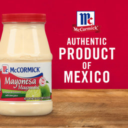 A bottle of McCormick Mayonesa Mayonnaise with lime juice with a red background that says Authentic Product of Mexico.