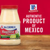 A bottle of McCormick Mayonesa Mayonnaise with lime juice with a red background that says Authentic Product of Mexico.