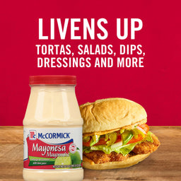 A jar of McCormick Mayonesa Mayonnaise next to a delicious looking torta.