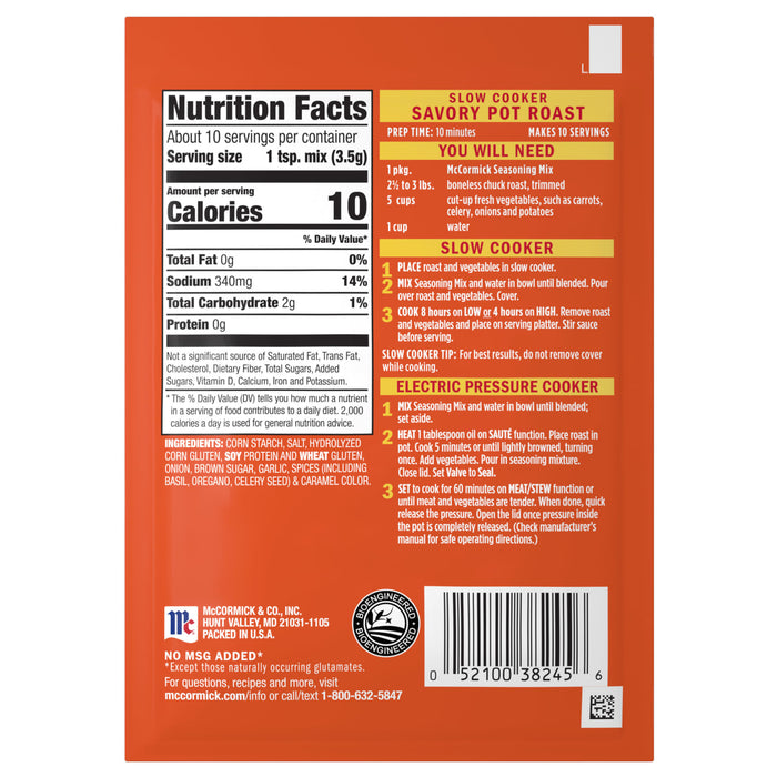 McCormick Savory Pot Roast Seasoning Mix package with nutrition facts and directions for use.