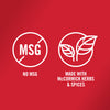A white logo on a red background shows a circle with a slash through the word MSG and the text 'No MSG' below it and a circle with a leaf inside and the text 'Made with McCormick Herbs &amp; Spices' below it