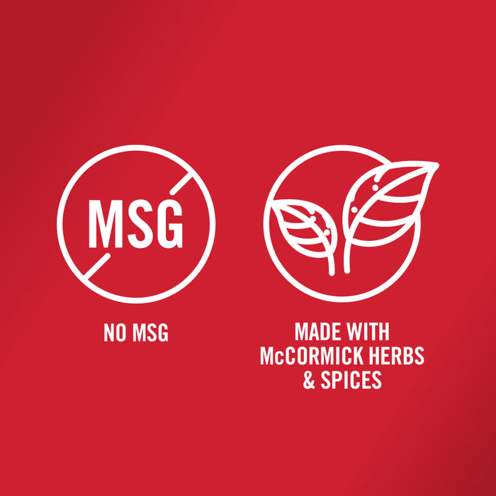 A white logo on a red background shows a circle with a slash through the word MSG and the text 'No MSG' below it and a circle with a leaf inside and the text 'Made with McCormick Herbs &amp; Spices' below it