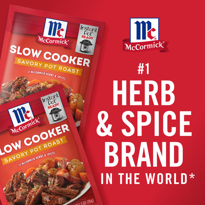 McCormick Slow Cooker Savory Pot Roast packaging with a red background and the text #1 Herb &amp; Spice Brand in the World.