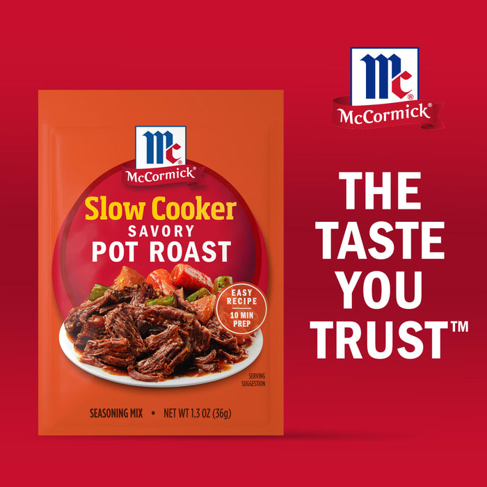 McCormick Slow Cooker Savory Pot Roast seasoning mix package is displayed with the tagline The Taste You Trust.