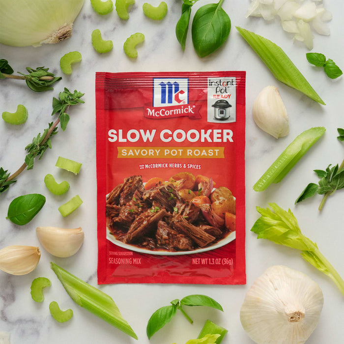 McCormick Slow Cooker Savory Pot Roast seasoning packet with ingredients like celery garlic and basil.