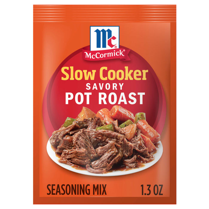A packet of McCormick Slow Cooker Savory Pot Roast seasoning mix is displayed.