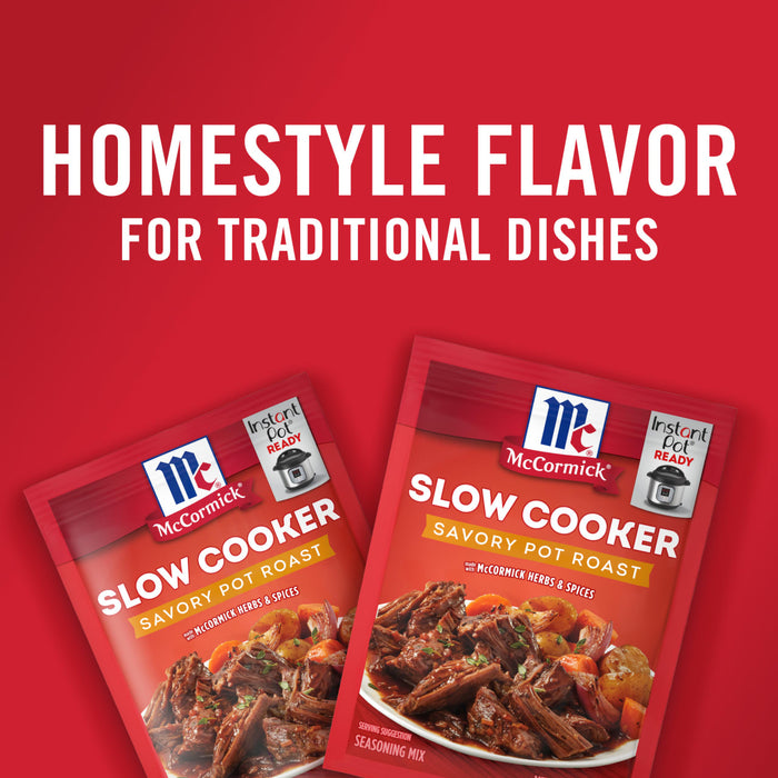 Two McCormick Slow Cooker Savory Pot Roast seasoning packets.