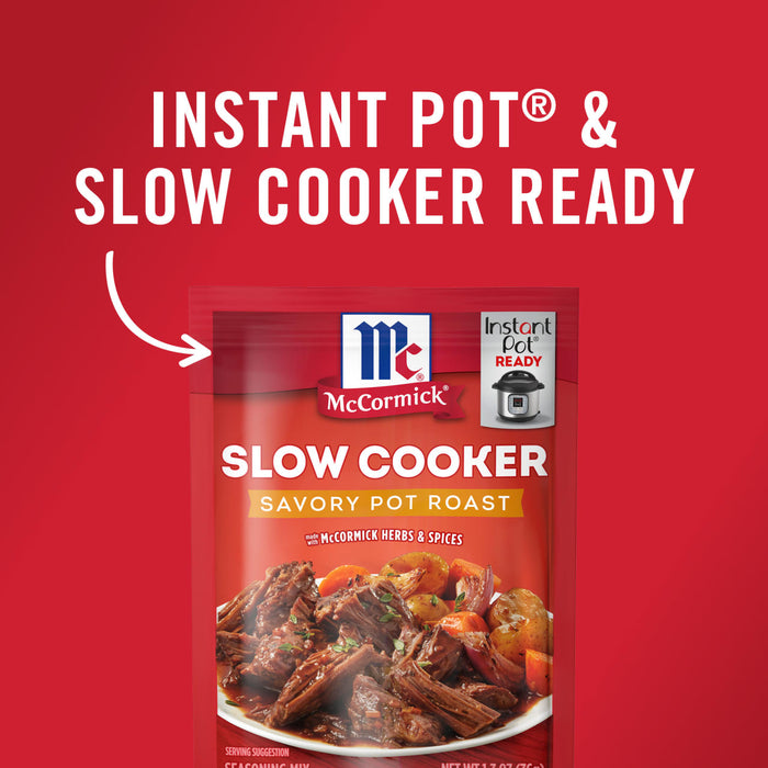 McCormick Slow Cooker Savory Pot Roast seasoning mix package with a picture of a pot roast on the front.