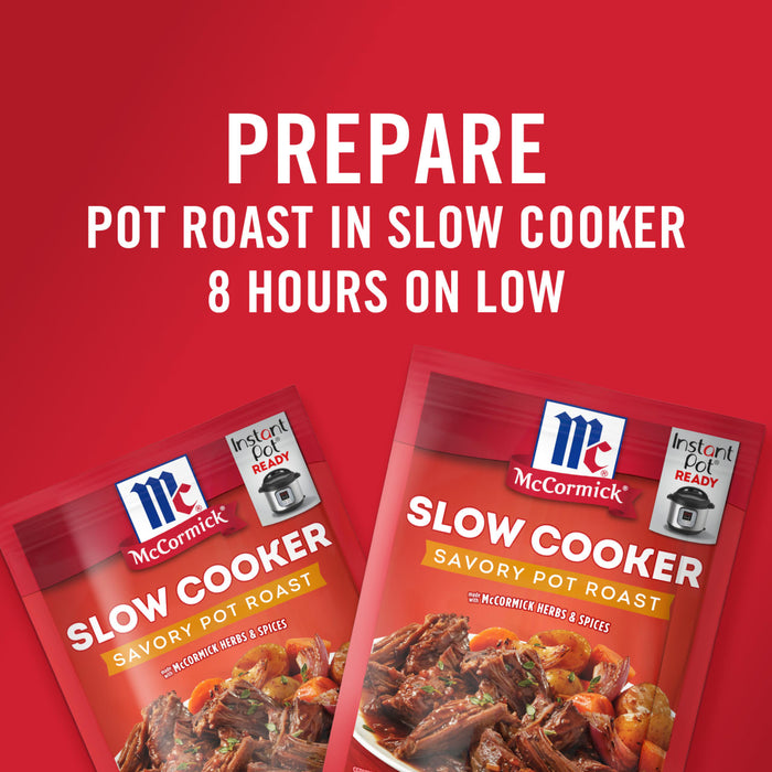 Two McCormick Slow Cooker Savory Pot Roast seasoning packets with an Instant Pot on the front.