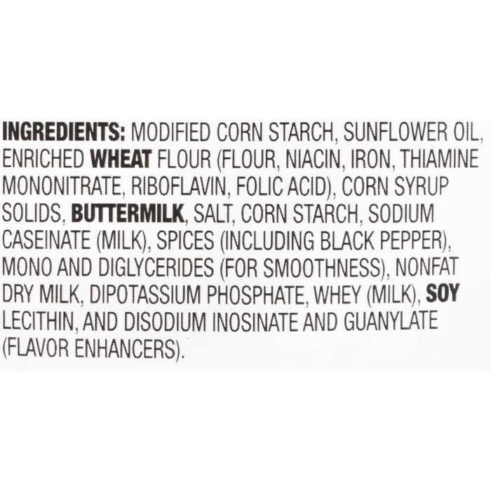 A list of ingredients for a product including modified corn starch sunflower oil enriched wheat flour buttermilk and soy lecithin.