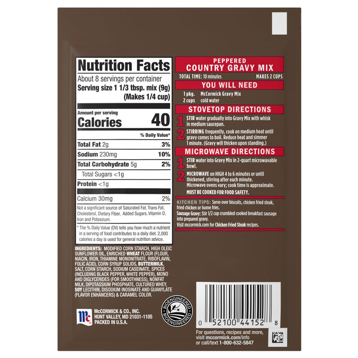 The back of a package of Mccormick Peppered Gravy Mix Country 2.64 Oz, displaying the nutrition facts, ingredients, and cooking directions.