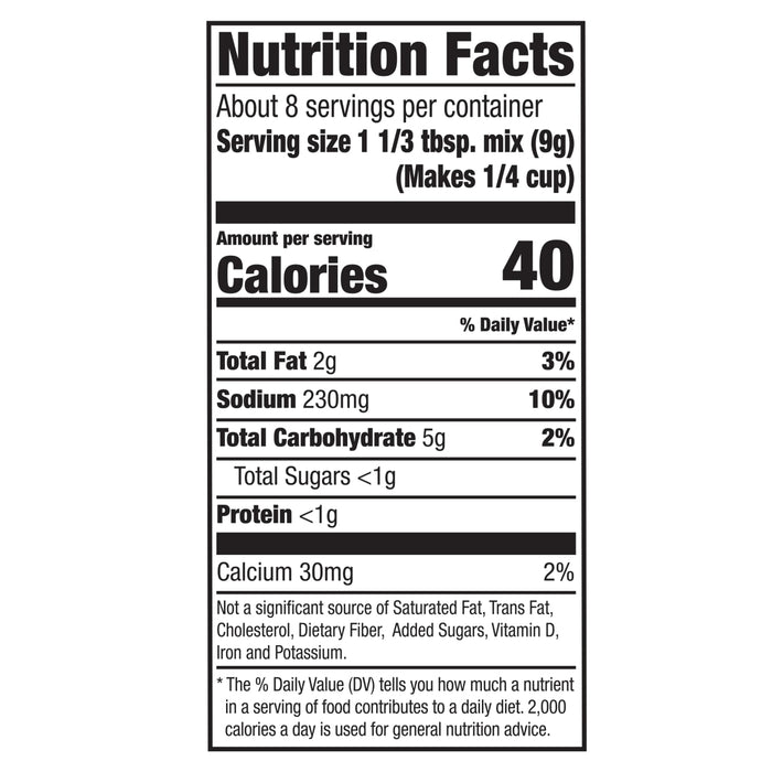 The nutrition facts infographic label for Mccormick Peppered Gravy Mix Country 2.64 Oz, indicating that a 9g serving contains 40 calories, 2g of total fat, and 230mg of sodium.