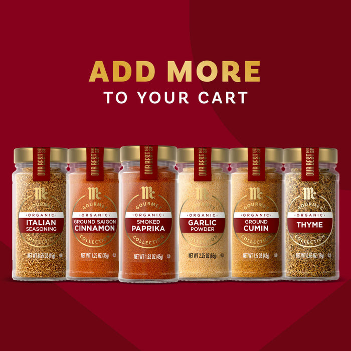 A vibrant image showcasing a line of McCormick Gourmet organic spice jars, including Mccormick Gourmet Smoked Paprika Organic 1.62 Oz, with the prominent call to action ADD MORE TO YOUR CART above them.