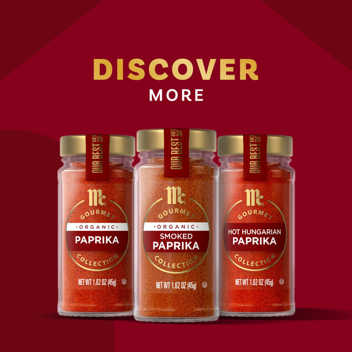 An array of McCormick Gourmet paprika spices features Mccormick Gourmet Smoked Paprika Organic 1.62 Oz alongside Paprika and Hot Hungarian Paprika jars.