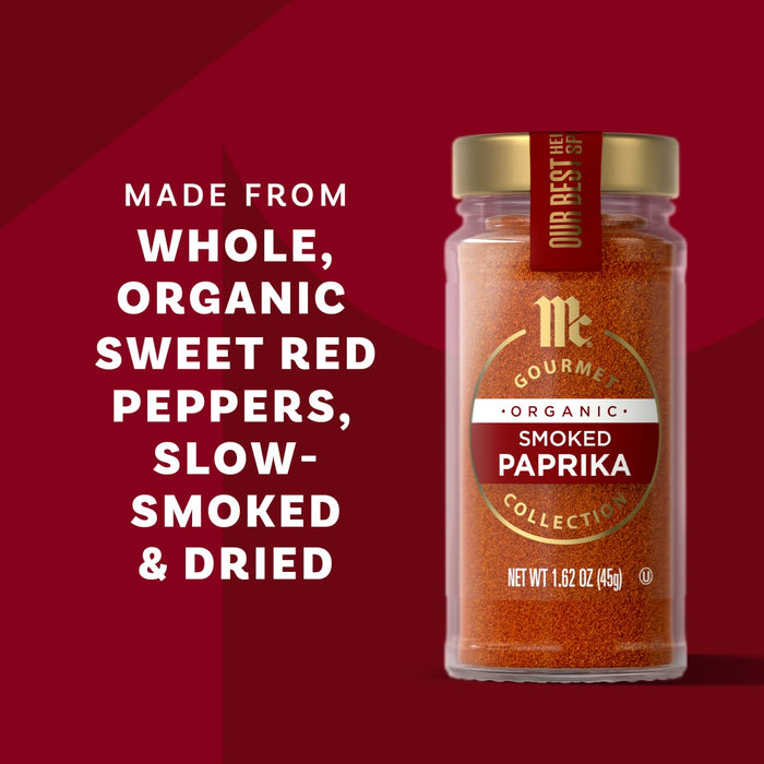 A jar of Mccormick Gourmet Smoked Paprika Organic 1.62 Oz is displayed on a red background, with text emphasizing it is made from whole, organic sweet red peppers, slow-smoked and dried.