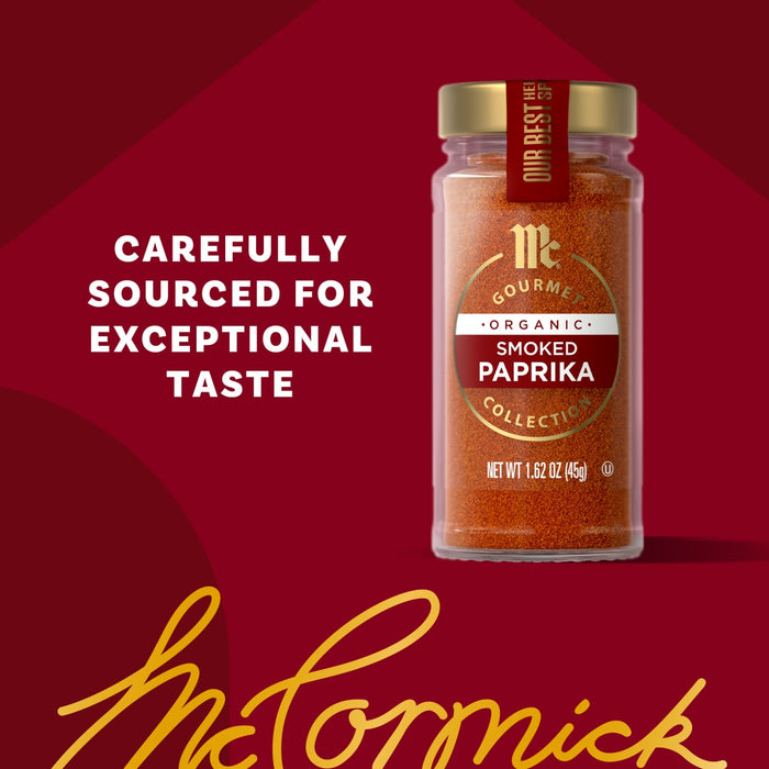 A jar of Mccormick Gourmet Smoked Paprika Organic 1.62 Oz is featured on a deep red background, accompanied by the text Carefully Sourced for Exceptional Taste and the McCormick script logo.