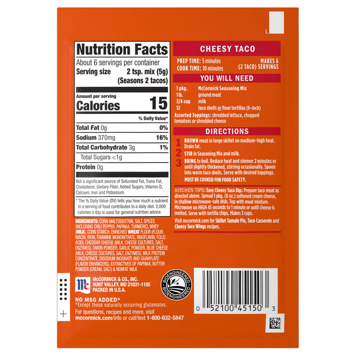 McCormick Cheesy Taco Seasoning Mix package with nutrition facts, ingredients, directions and kitchen tips.