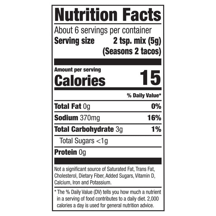 Nutrition facts label for Seasons 2 Tacos seasoning mix.