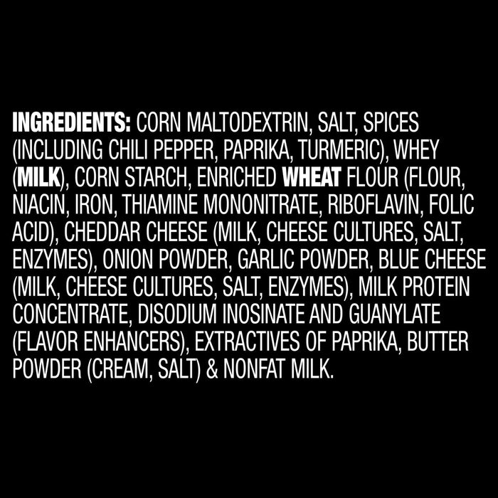 A list of ingredients for a product, including corn maltodextrin, salt, spices, whey, corn starch, enriched wheat flour, cheddar cheese, blue cheese, whey protein concentrate, disodium inosinate and guanylate, extractives of paprika, butter powder and nonfat milk.
