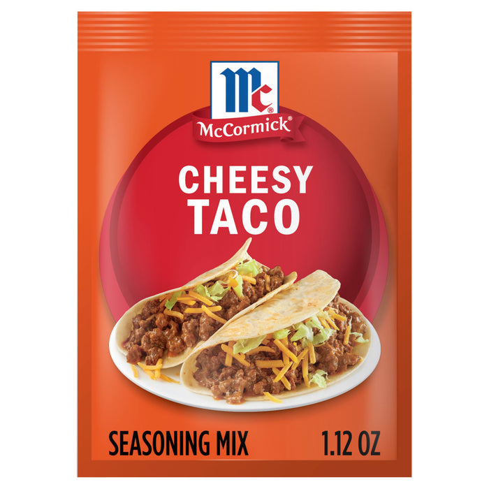A packet of McCormick Cheesy Taco Seasoning Mix is displayed, featuring a photo of cheesy tacos.